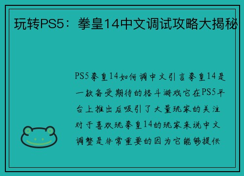 玩转PS5：拳皇14中文调试攻略大揭秘